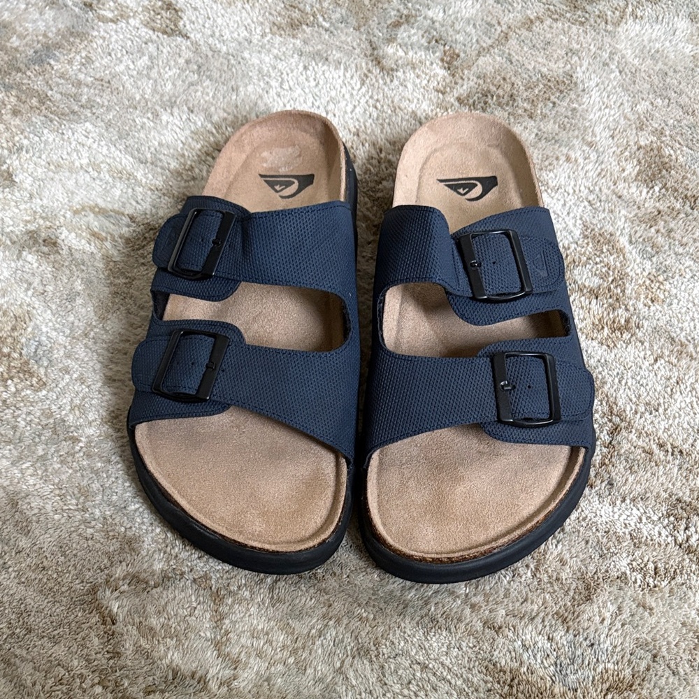 Quiksilver Embark deck slides. Double Buckle Slide Sandals in Navy and Tan